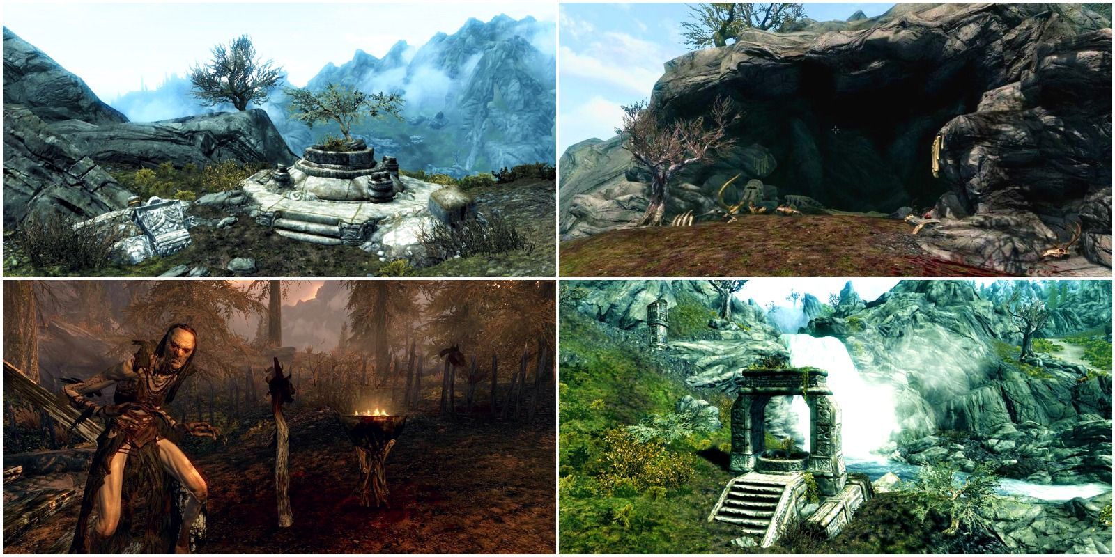 top left: stone altar with juniper planet. top right: troll cave. bottom right: stone altar by waterfall. bottom left: hagraven nest