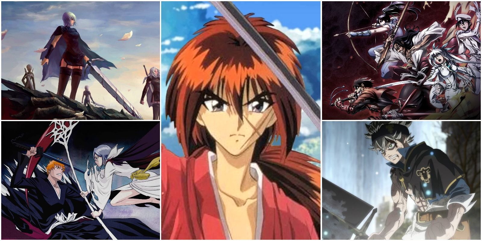 top left: woman with a sword. bottom left: characters fighting in bleach anime. center: red haired samurai. top right: action group shot from drifters anime. bottom right: asta from black clover