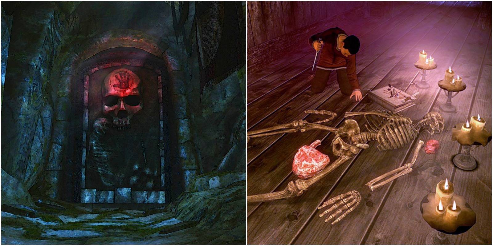 left: black door of the dark brotherhood. right: aventus aretino performing the black sacrament with a human skeleton