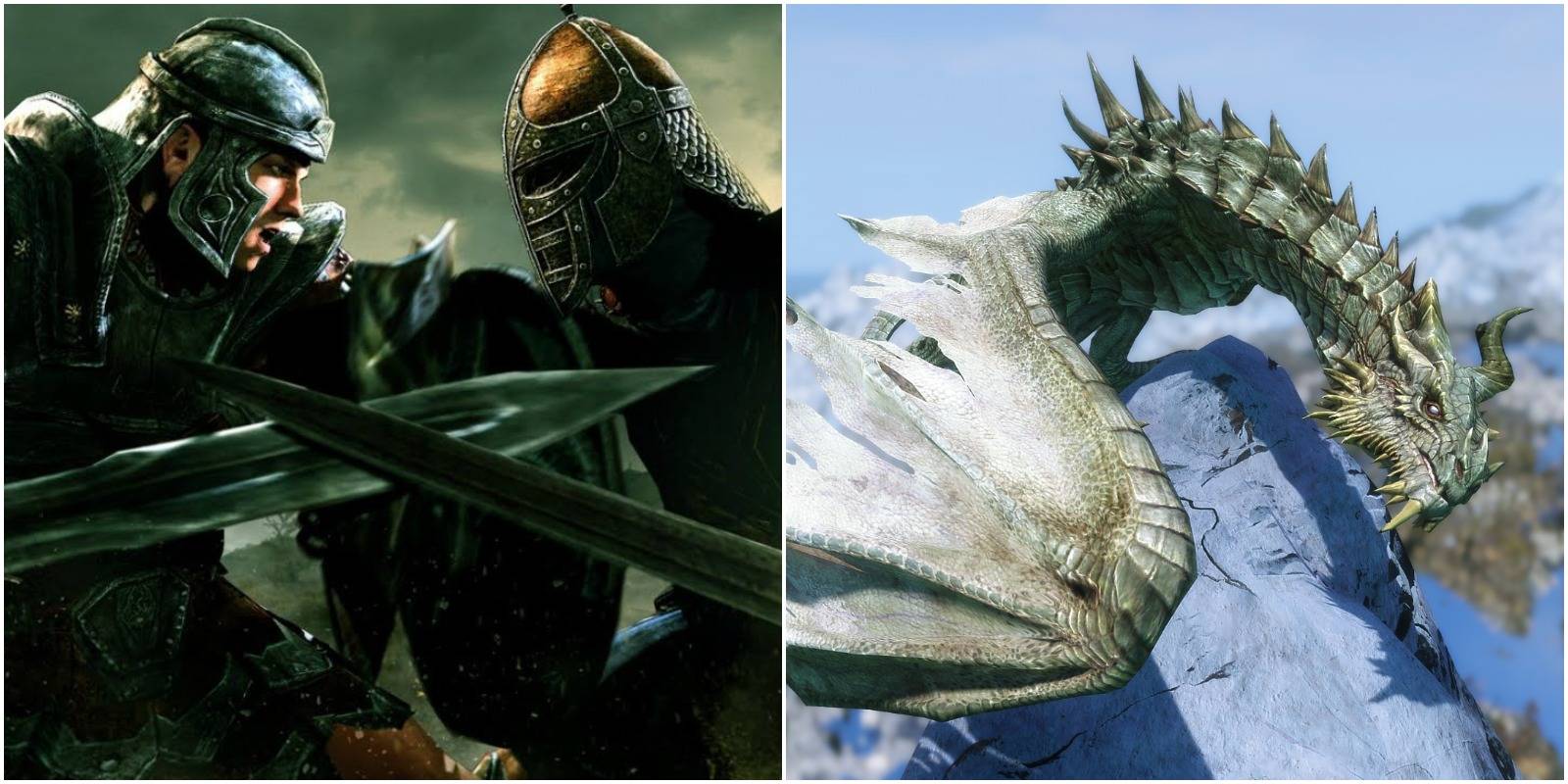 left: imperial and stormcloak soldiers fighting. right: paarthurnax the dragon on mountain in skyrim