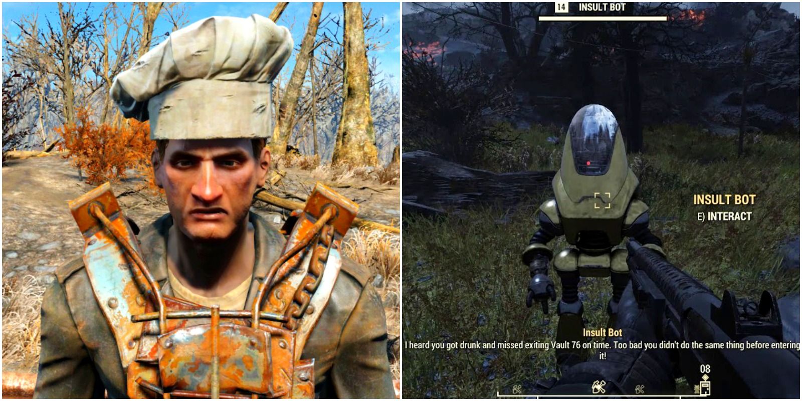 left: gruel the raider with a chef's hat from fallout 4. right: insult bot, a unique protectron from fallout 76