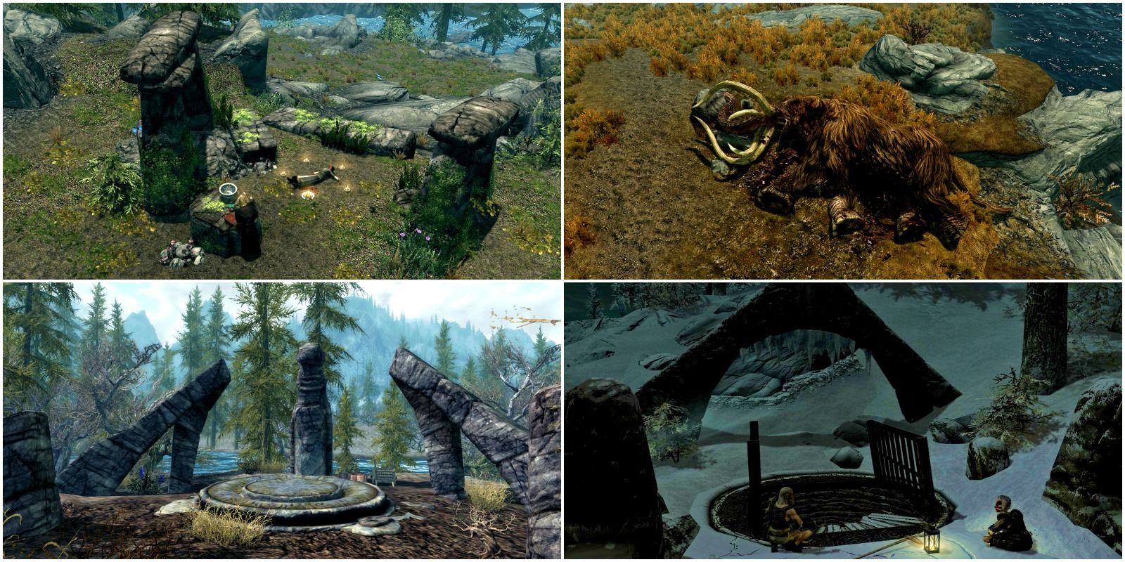 top left: necromancer ritual. top right: dead mammoth. bottom right: ghost barrow with 2 bandits. bottom left: summoning stone structure