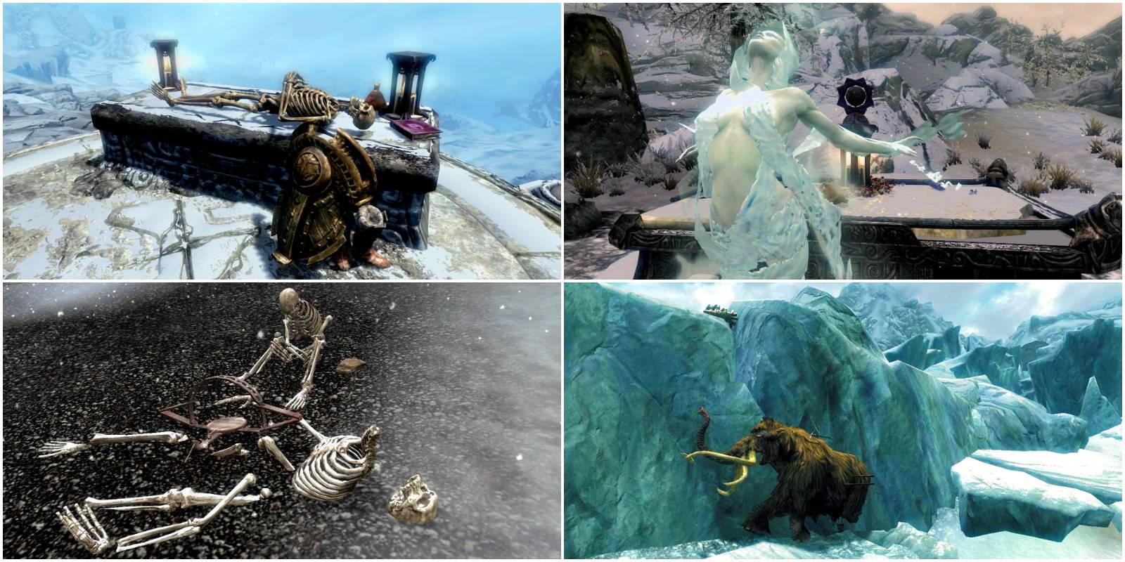 top left: skeleton lying on an altar. top right: wispmother spawning. bottom right: frozen mammoth. bottom left: two skeletons by a bear trap.