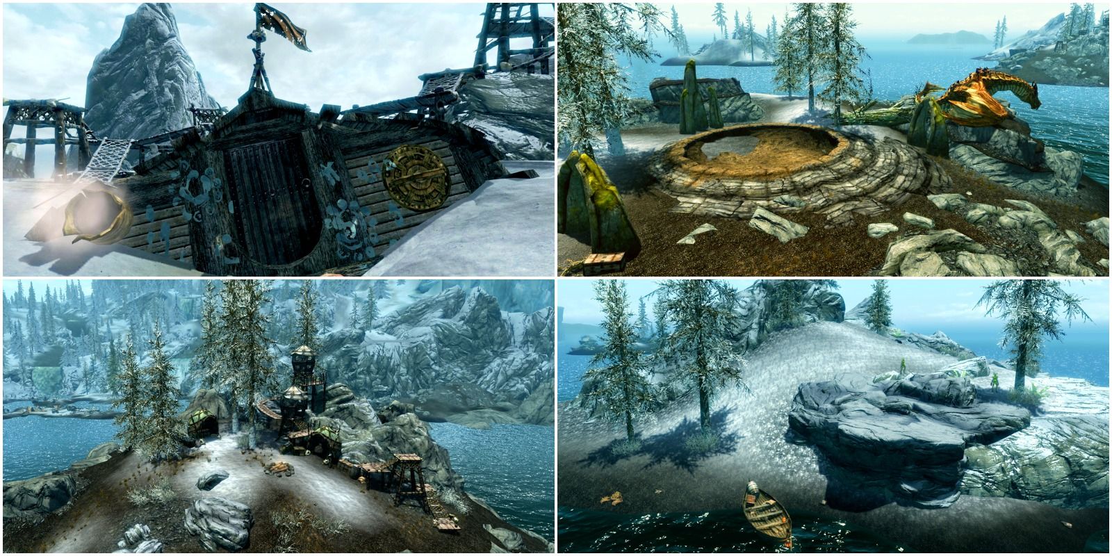 top left: dwarven flip ship crash. top right: dragon on an island. bottom right: island with giant nirnroot. bottom left: island with riekling structures