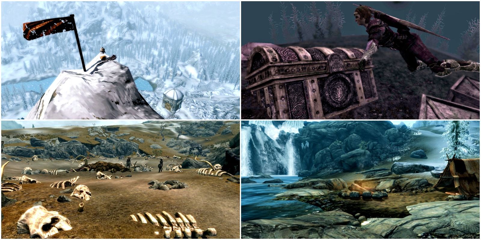 top left: peak of a mountain. top right: sunken treasure. bottom right: waterfall campsite. bottom left: mammoth graveyard