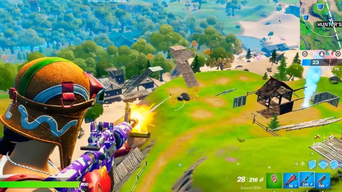 over the shoulder of fortnite player shooting assault rifle