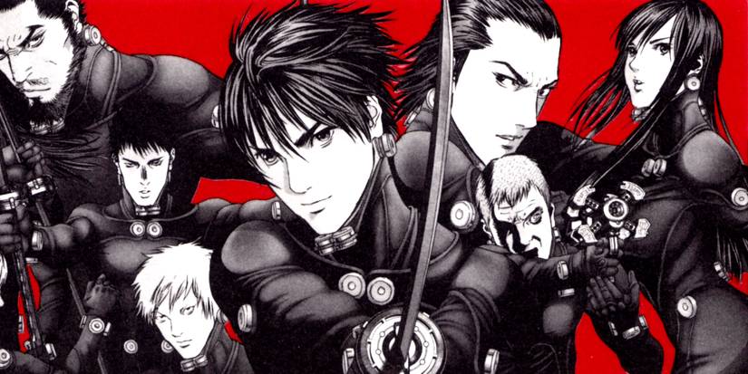 red black and white wallpaper with the cast of the anime gantz