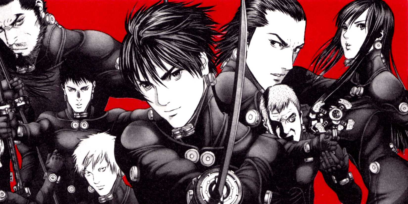 red black and white wallpaper with the cast of the anime gantz