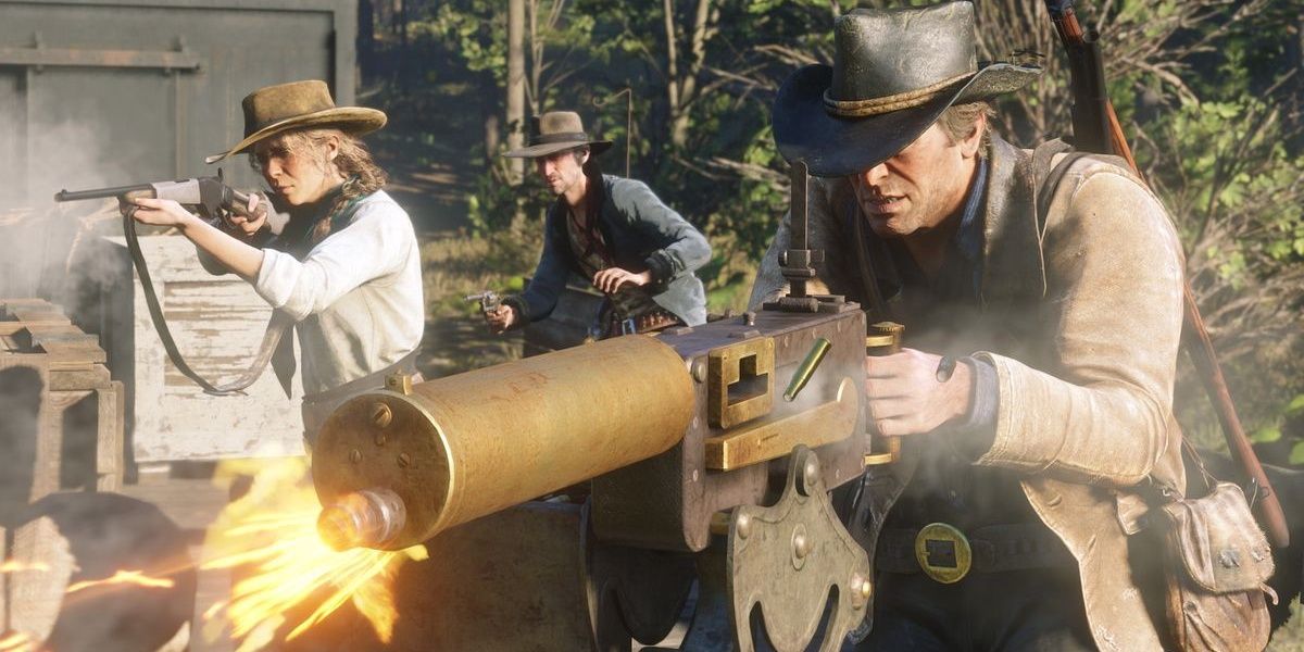 Arthur Morgan shooting Gatling gun Red Dead Redemption 2