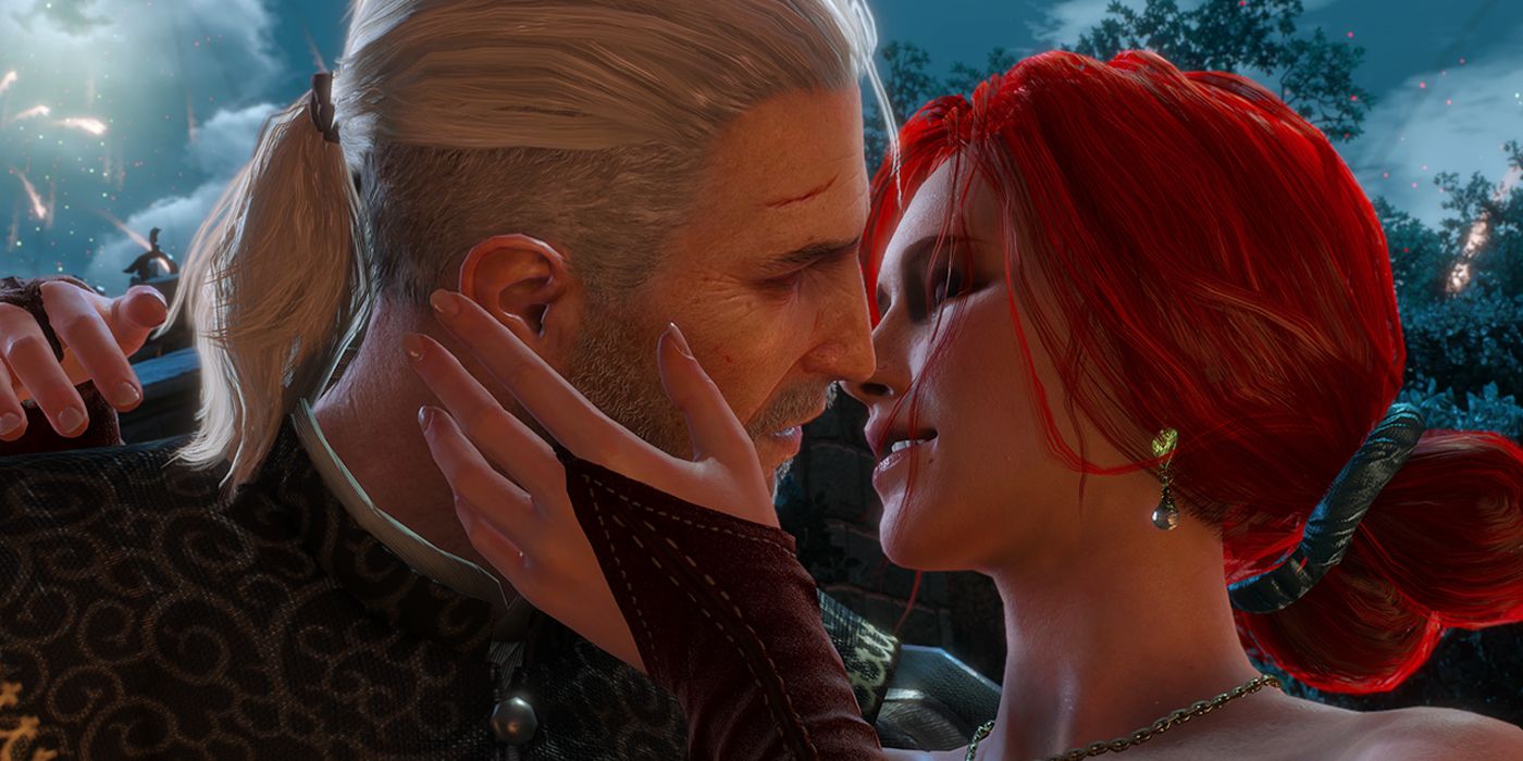 Geralt and Triss kissing in The Witcher 3