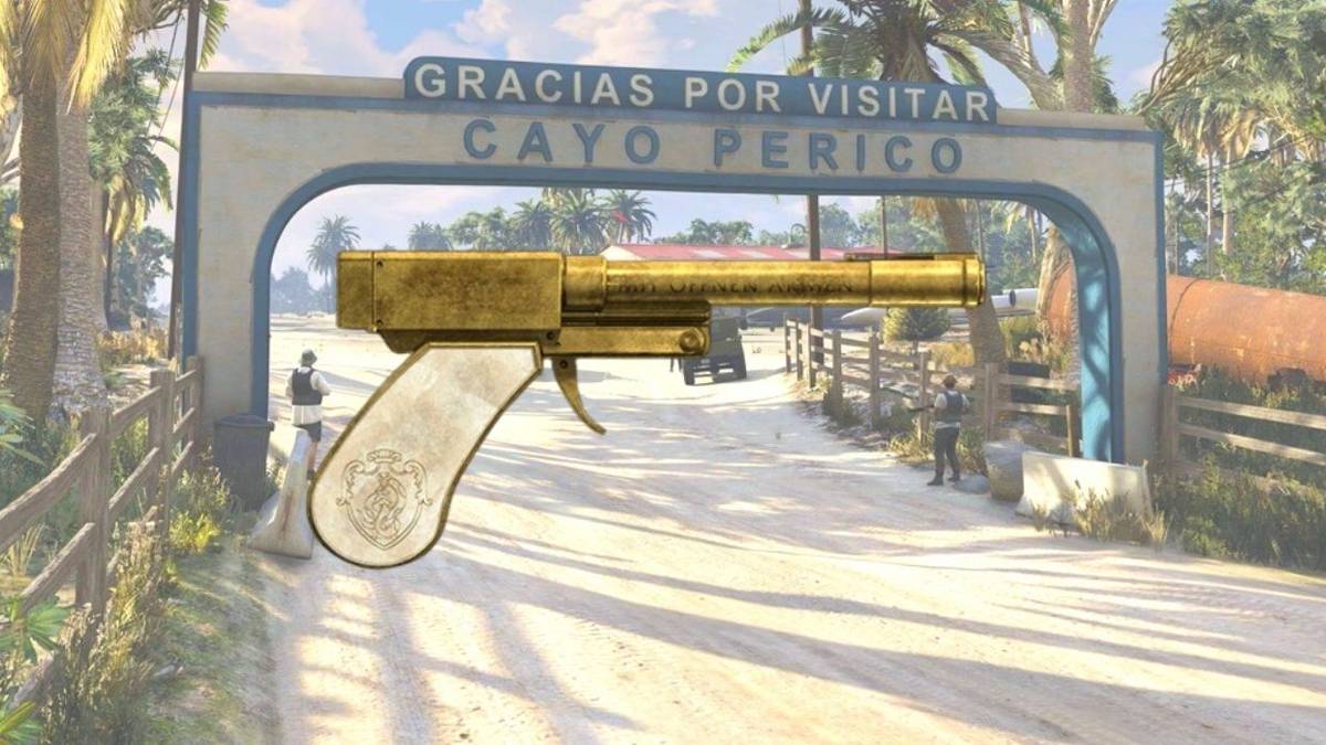 gta online perico pistol overlay on cayo perico welcome gate