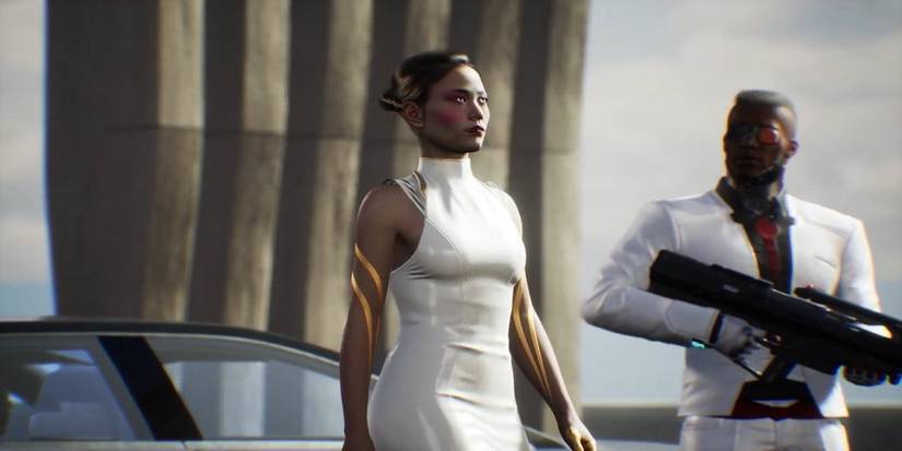 hanako arasaka in dress with guard leaving car in Cyberpunk 2077