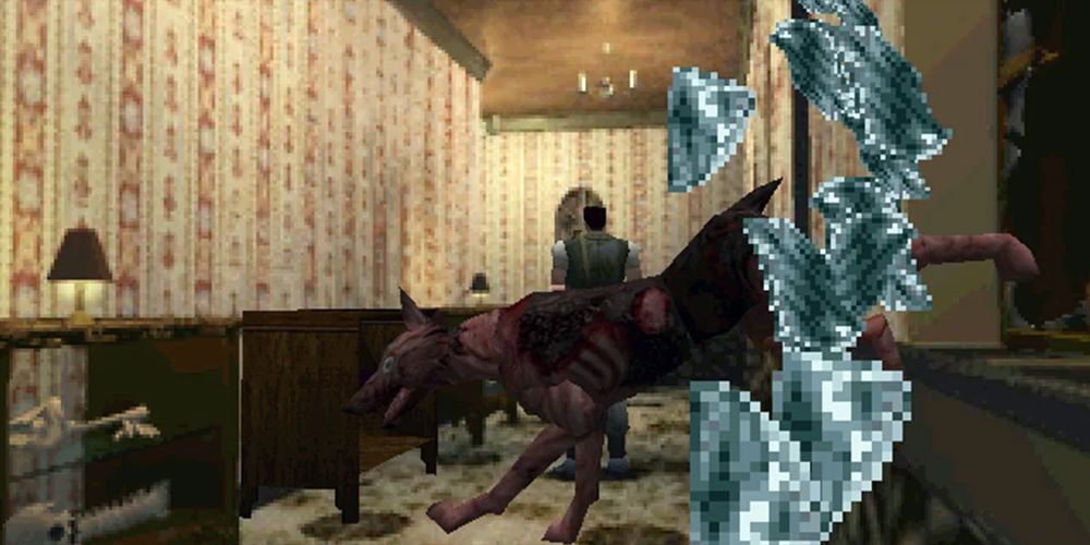 Dogs jumping through a window in Resident Evil (1996)
