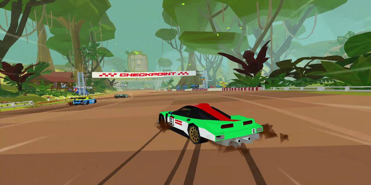 Neon green car drifting in rainy forest in Hot Shot Racing
