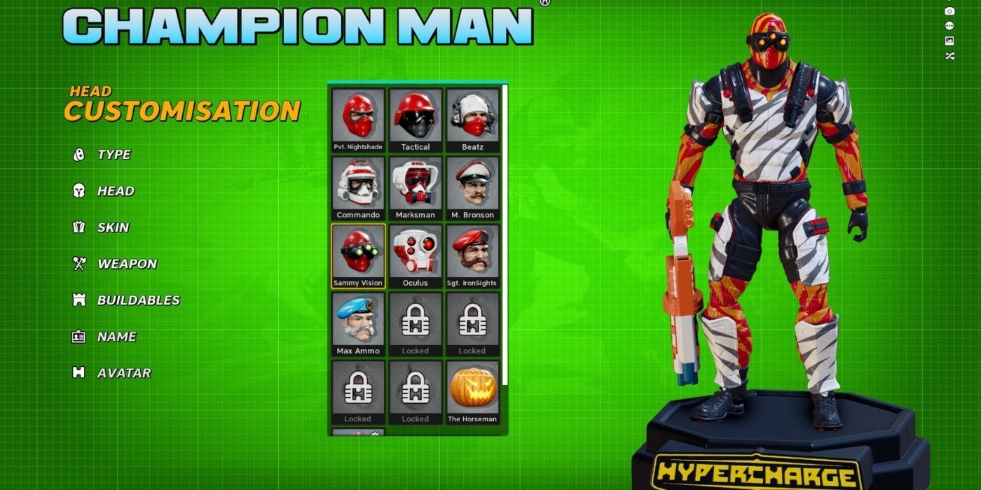 Customization screen for Champion Man, a character in Hypercharge