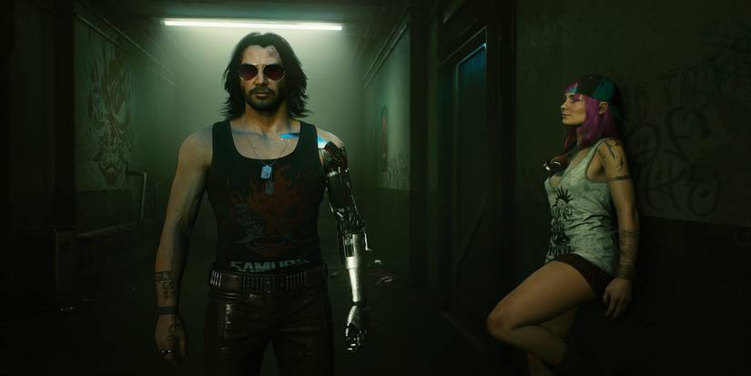 johnny silverhand in hallway with woman cyberpunk 2077