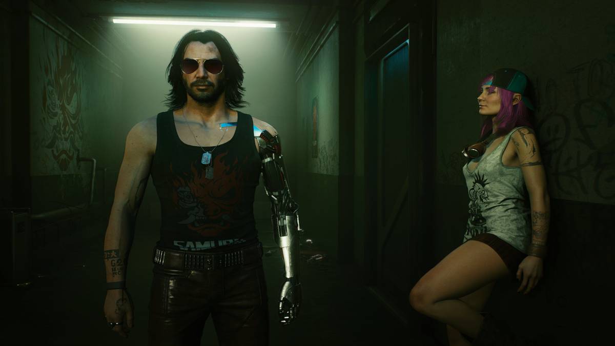 johnny silverhand in hallway with woman cyberpunk 2077