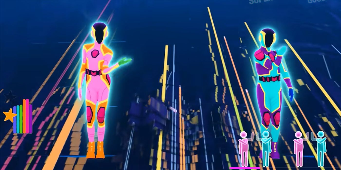 just dance 2021 neon robot figures dancing against city skyline