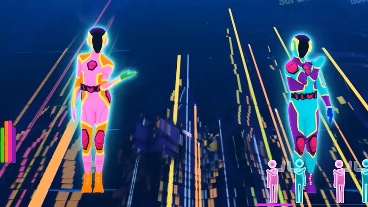 just dance 2021 neon robot figures dancing against city skyline