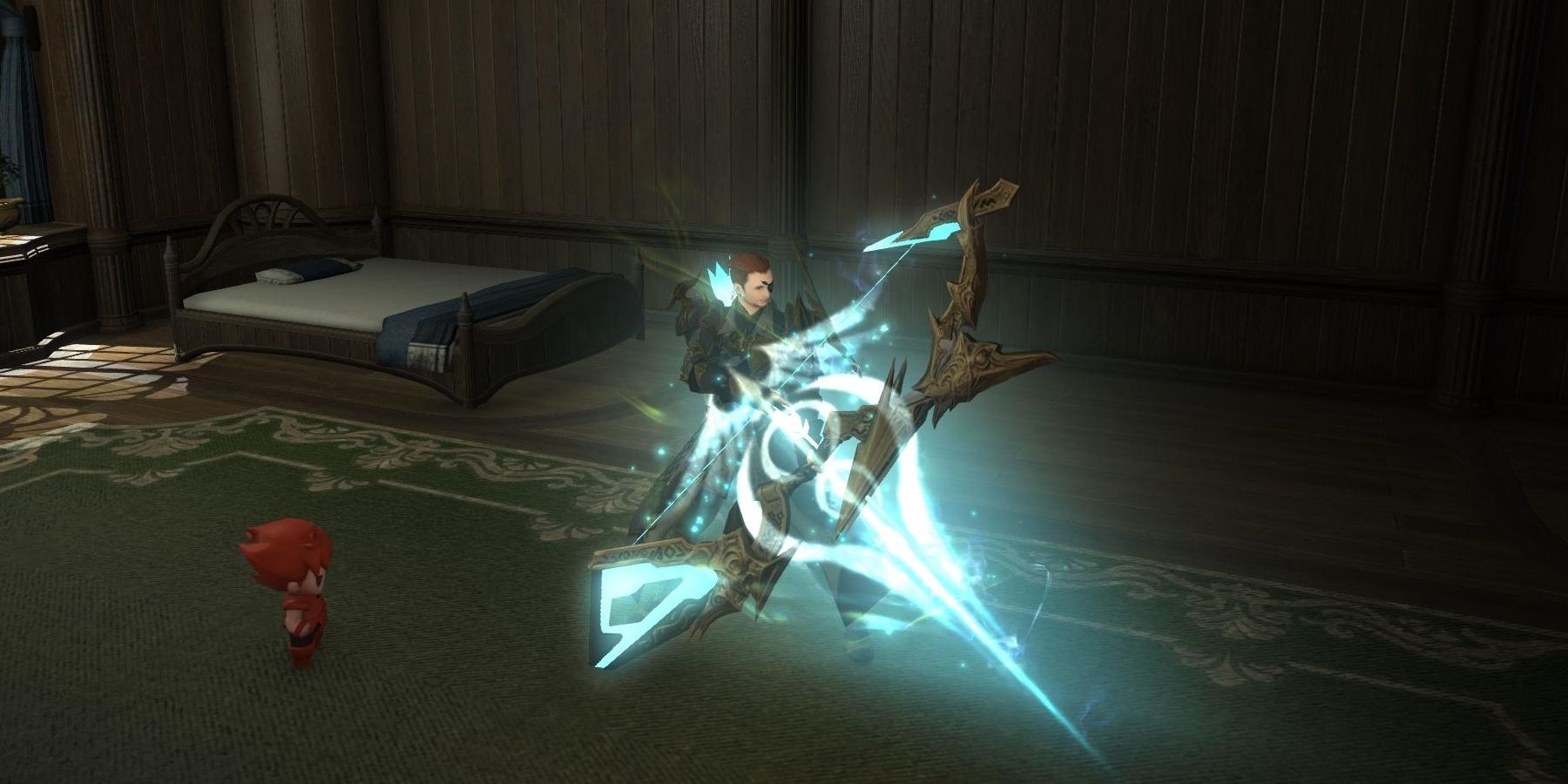player character in inn holding glowing bow with minion at the side