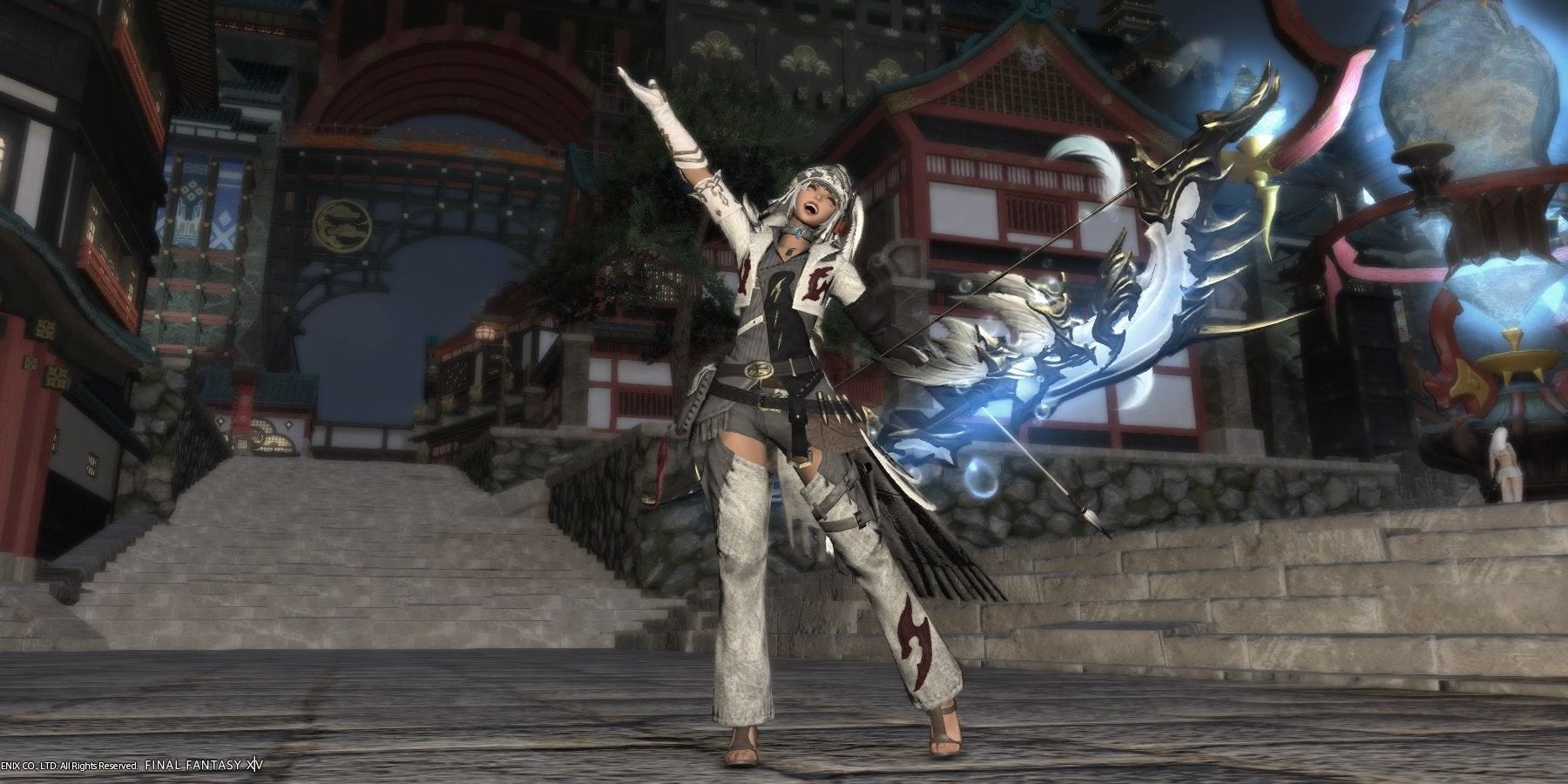 player character in kugune posing with glowing blue and white bow