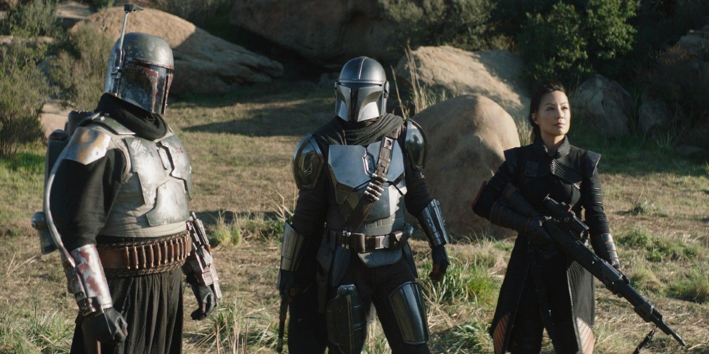 Din Djarin, the titular Mandalorian, with Boba Fett and Fennec Shand