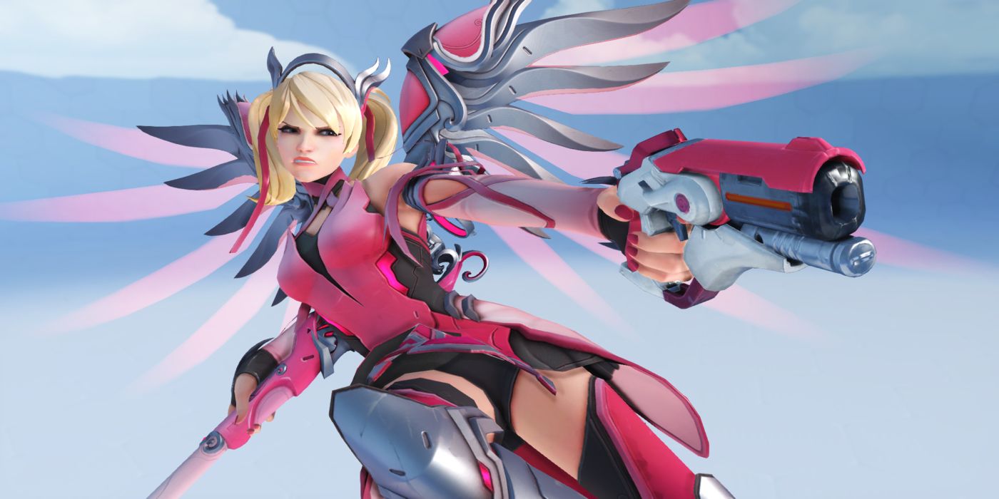 mercy aims gun in pink skin overwatch