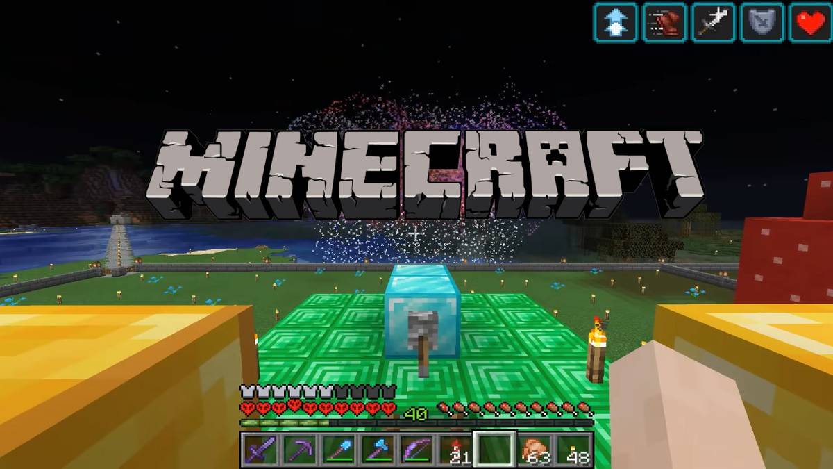 minecrarft fire work show with logo in front
