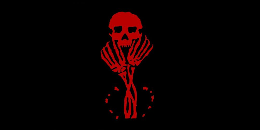 red skull and skeleton on a black background which is the symbol of a cult in the elder scrolls 4 oblivion