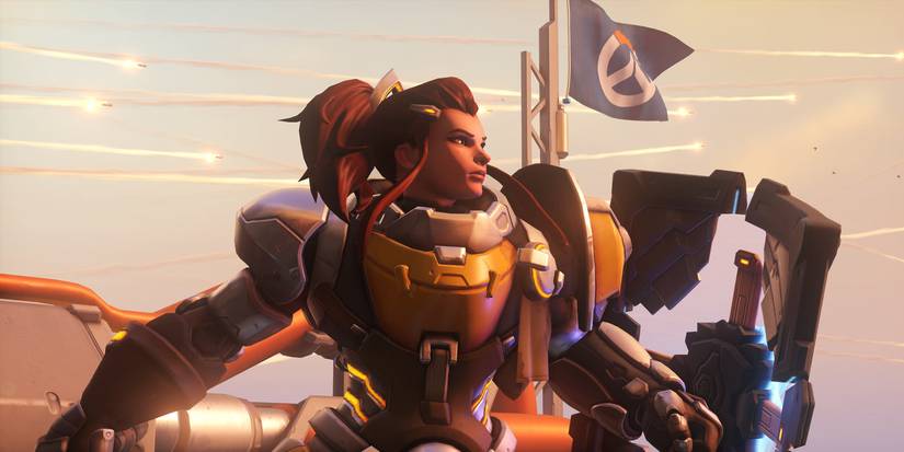 brigitte posing with overwatch flag behind her