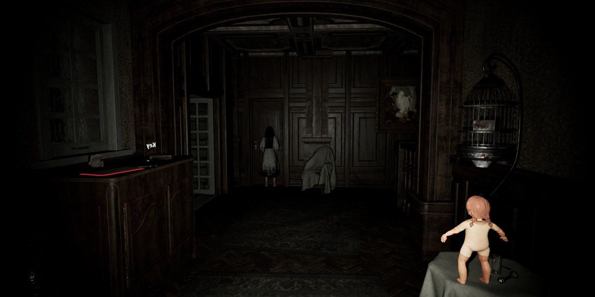 Pacify dark room with doll and ghost girl by door