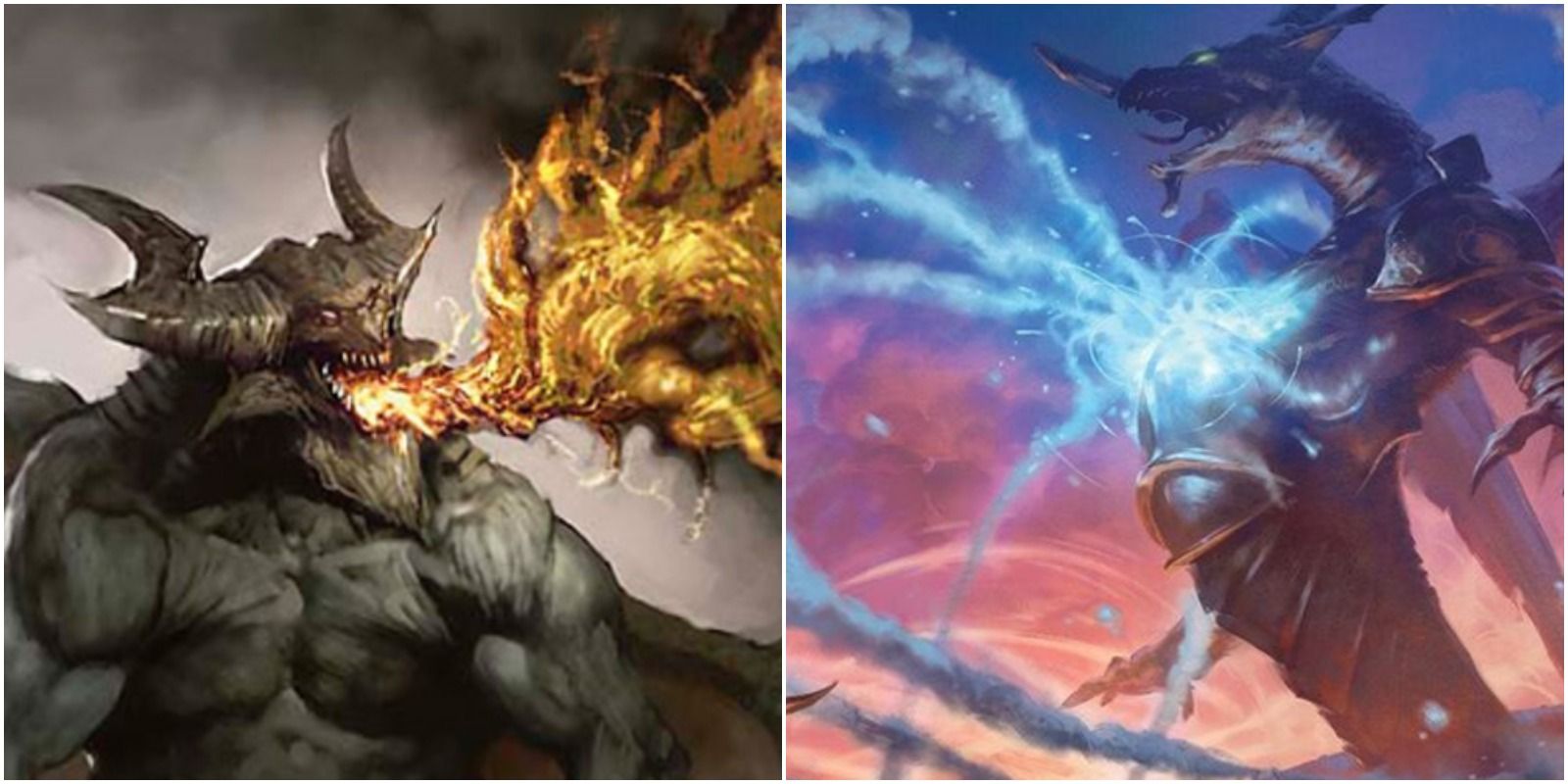 left: the demon malfegor breathing yellow fire. right: elder dragon nicol bolas absorbing mana from alara's maelstrom.