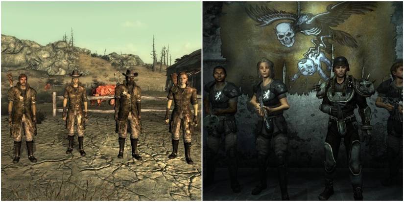 left: regulators standing near a farm. right: the talon company in a bunker