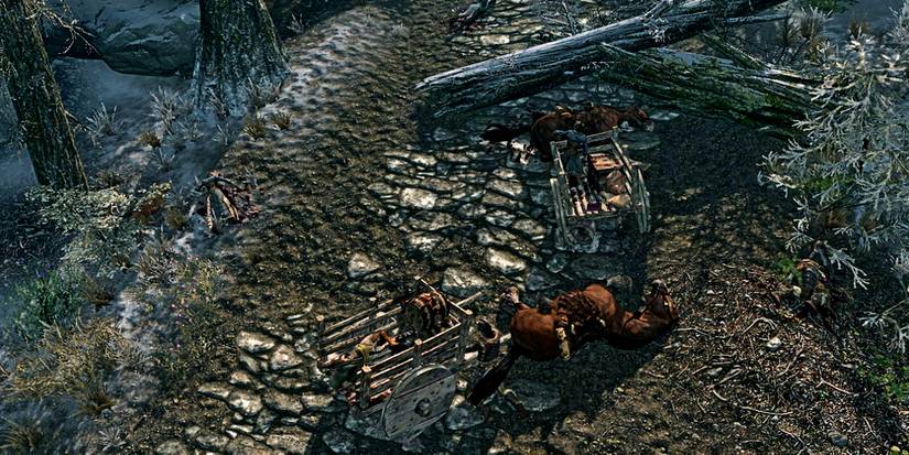 dead khajiit and horses from a caravan ambush in skyrim