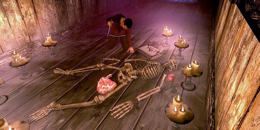 the child aventus performing a dark ritual next to a skeleton and human organs in skyrim