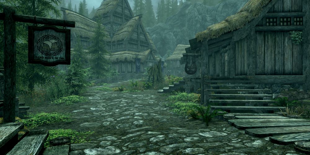 main road going through the the city of falkreath in skyrim