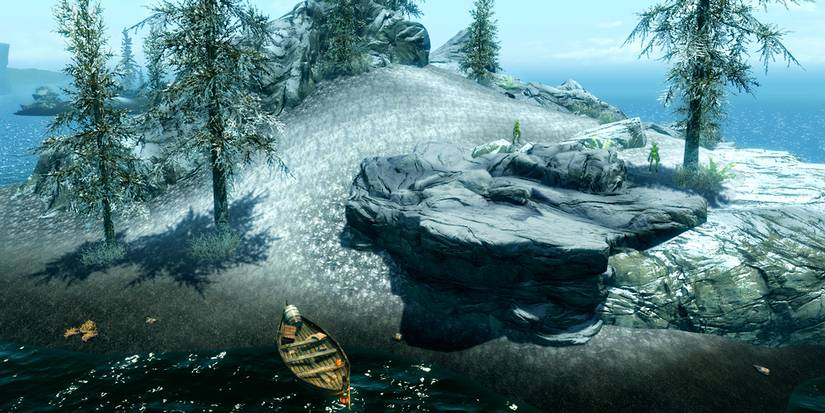 island with a boat nearby and some spriggans