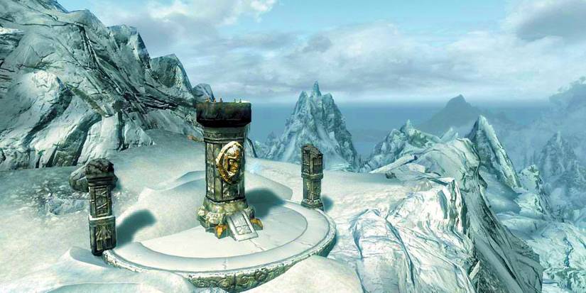 pillars on a mountain with loot around and on them