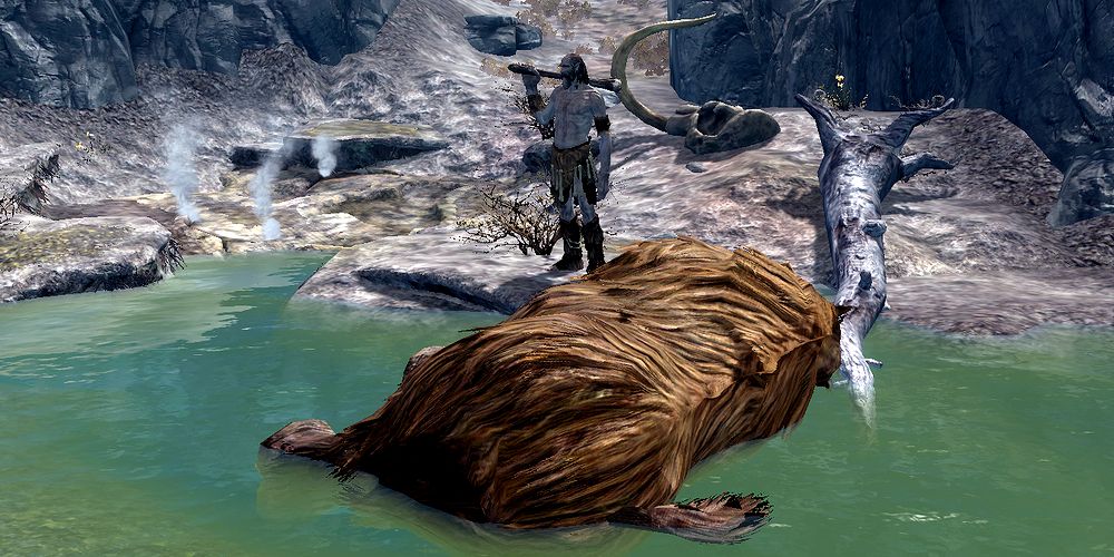 a sad giant looking at the dead body of their mammoth friend. A sad sight from skyrim.