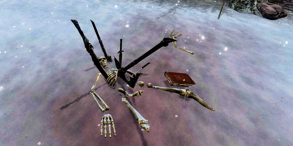 skeleton of a person executed with multiple weapons laying in bloody snow next to a book.