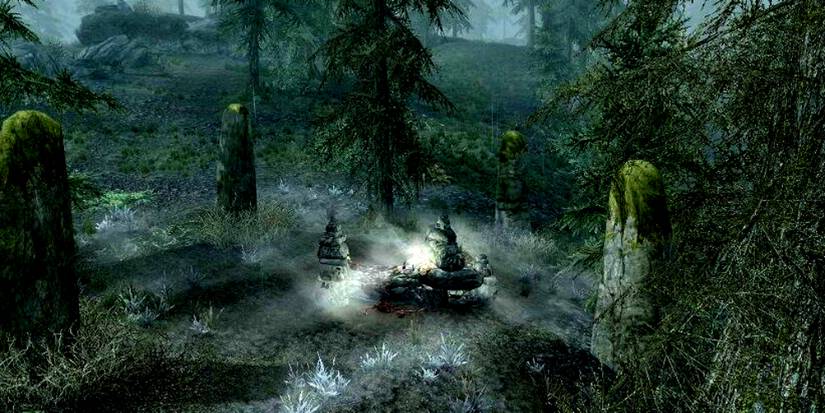 spooky altar in the woods where necromancers hang out in skyrim