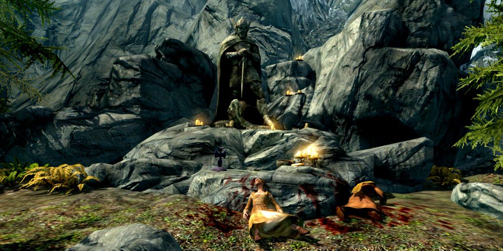 dead nord bodies in front of a shrine to talos