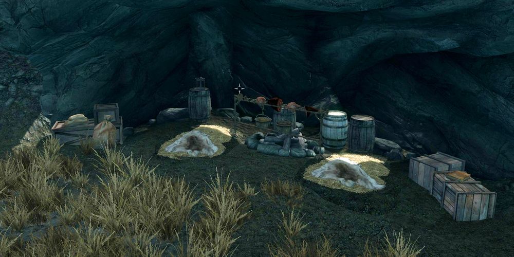 stone overhang with smuggled goods and a cooking station