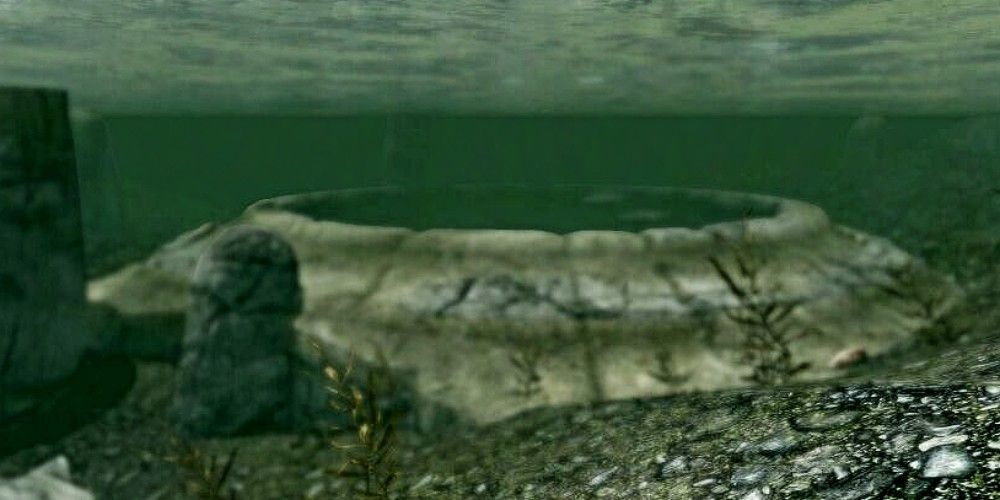 a burial place submerged underwater in a lake in skyrim.