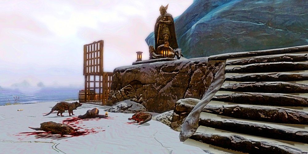 dead body by some skeevers at a shrine to talos