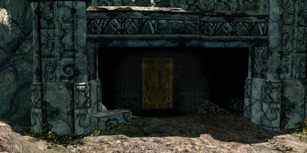 the metal doorway to the underground living area in markarth where the sick and poor live
