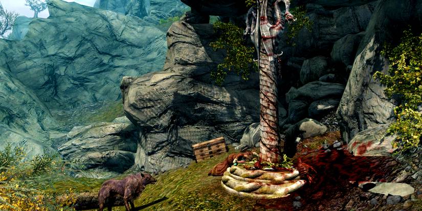 a dead body on a daedric shrine to peryite