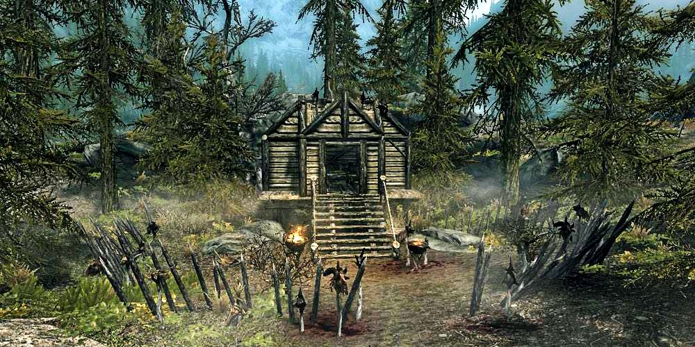 fortified hut in the woods of skyrim belonging to a witch