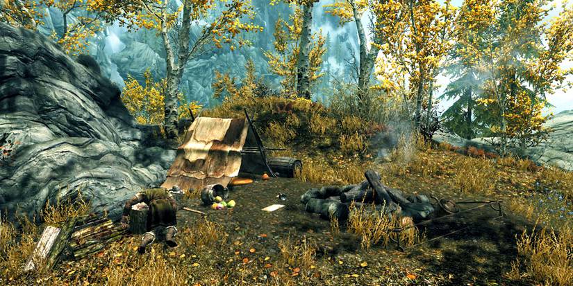 camp with a dead wood cutter