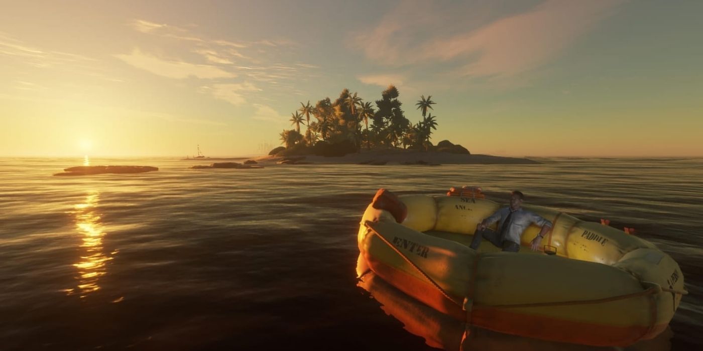 stranded deep character floating on raft toward island